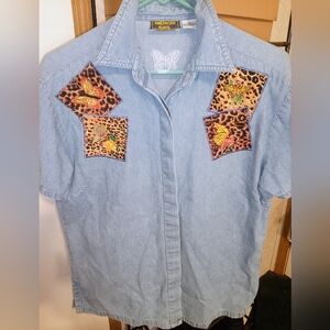 Vintage American Rave Short Sleeve Denim Shirt with Butterfly Patches  Medium